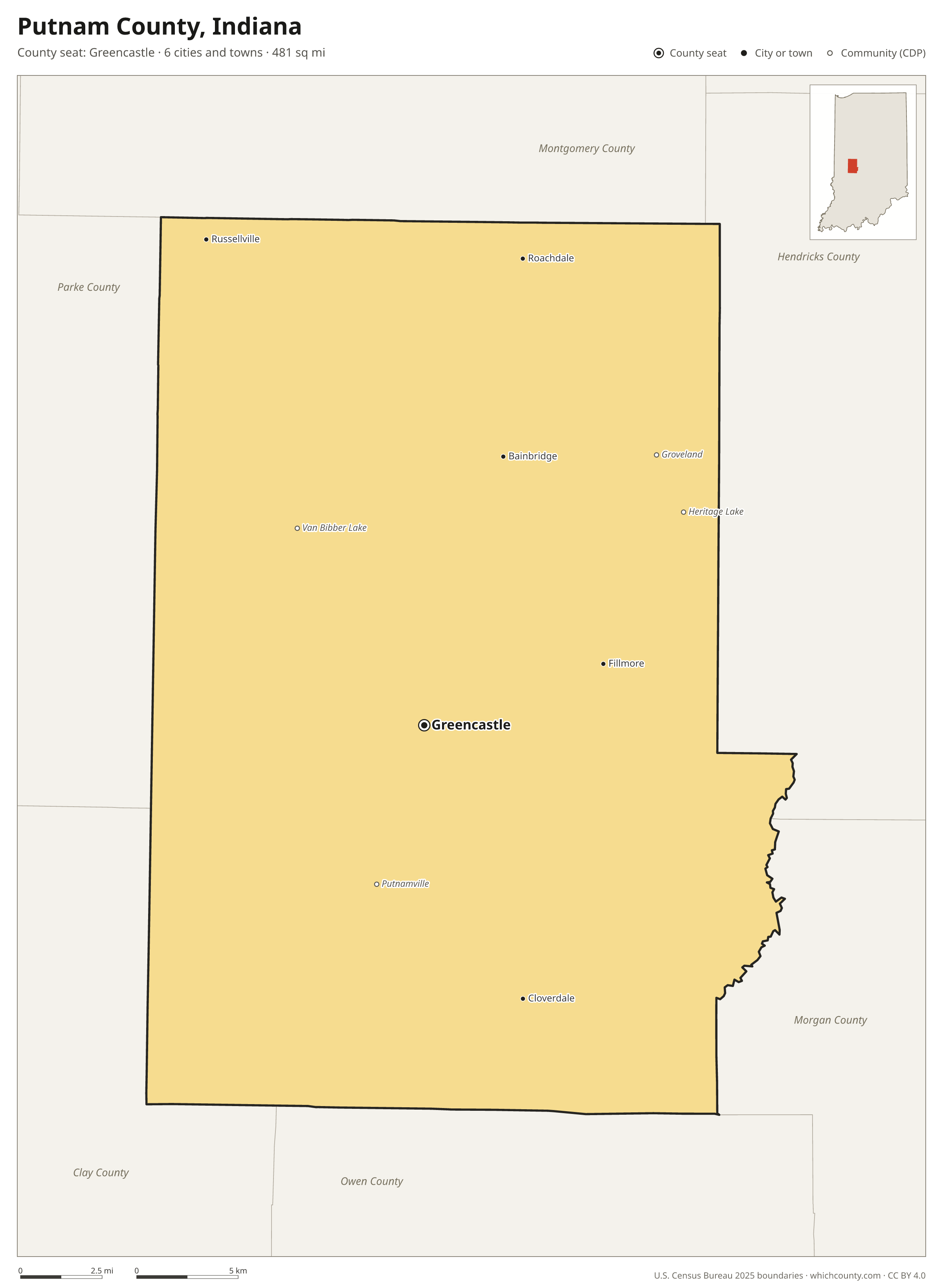 Map of Putnam County, Indiana with cities, towns and the county boundary