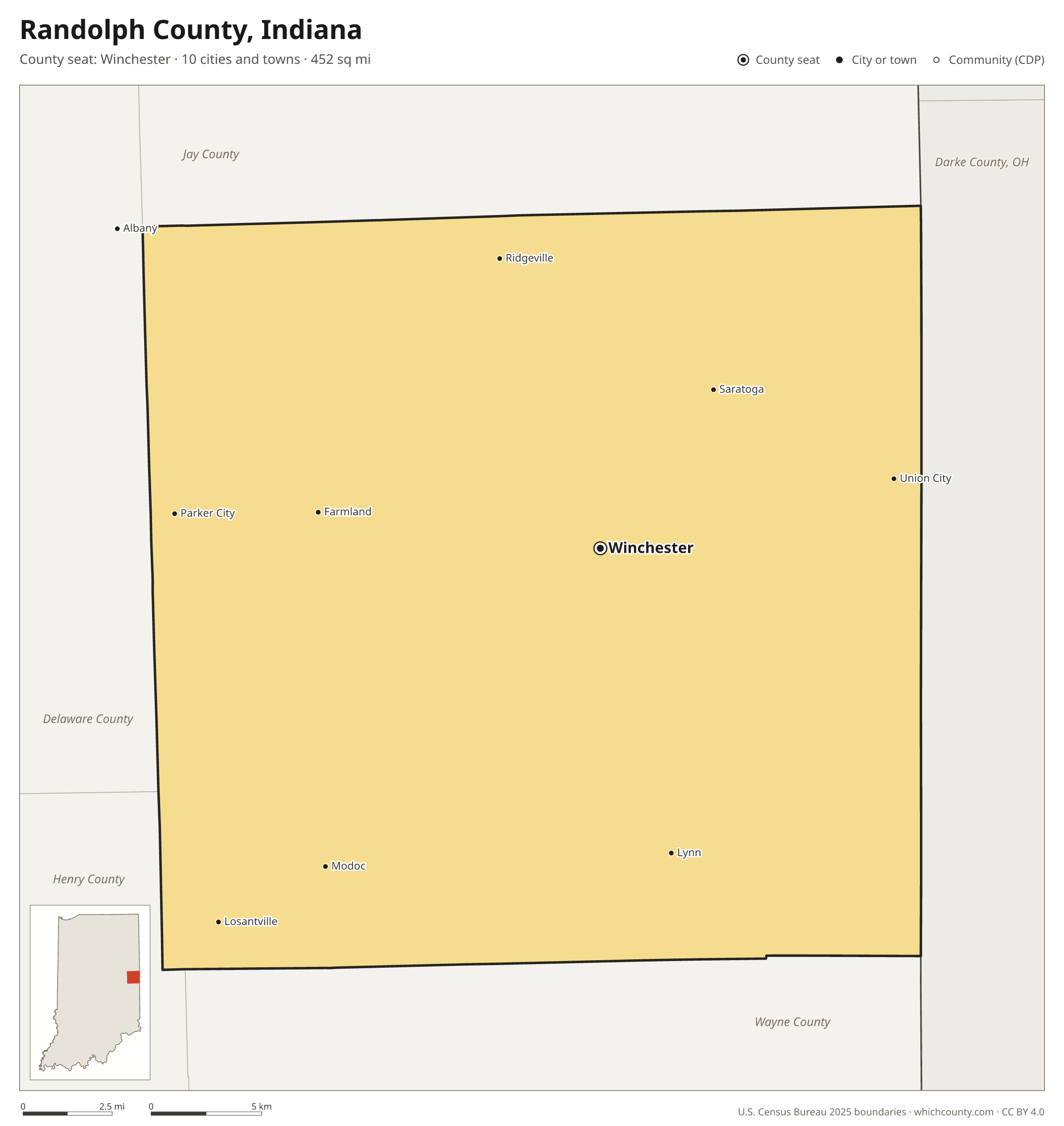Map of Randolph County, Indiana with cities, towns and the county boundary