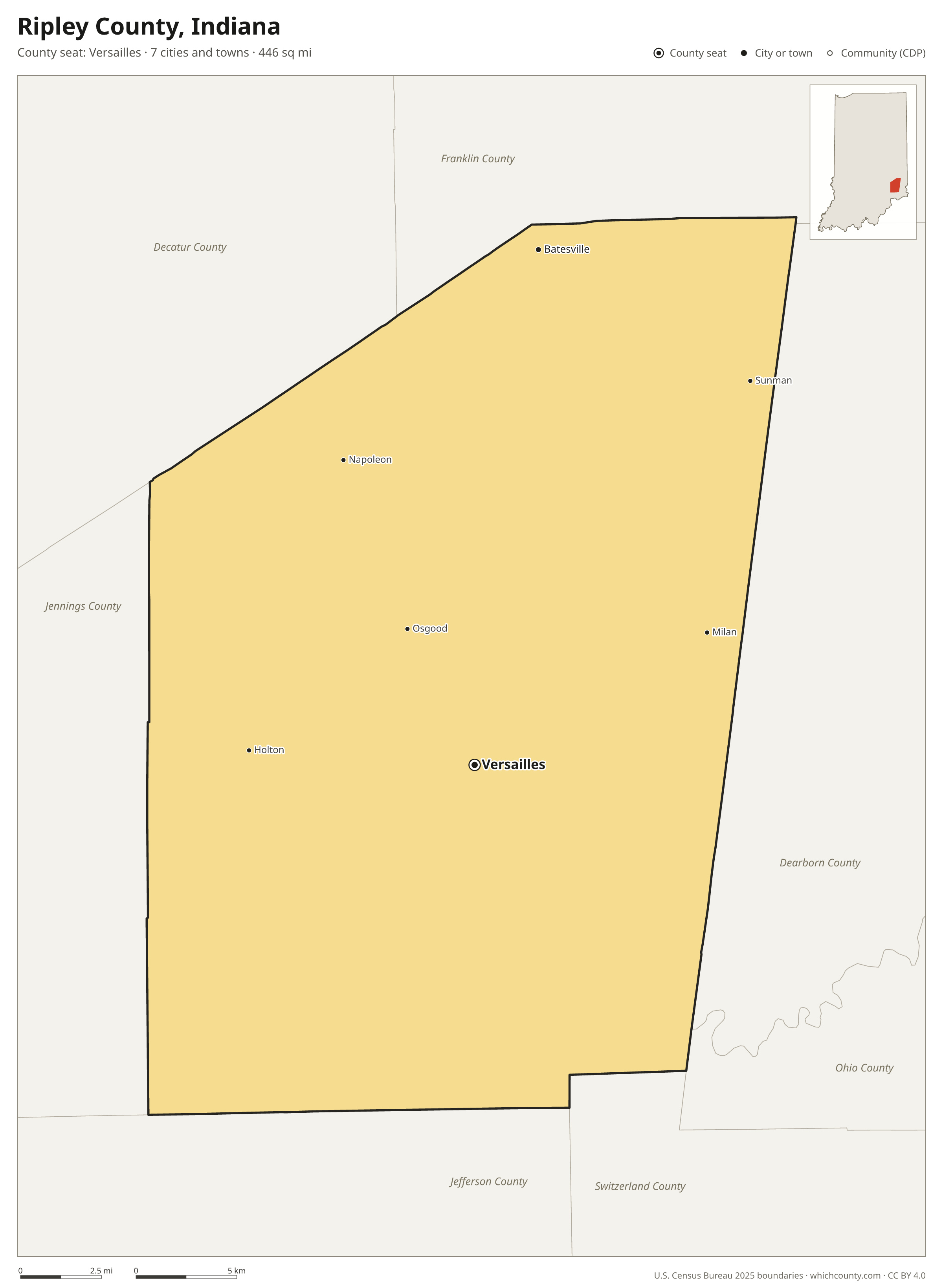Map of Ripley County, Indiana with cities, towns and the county boundary
