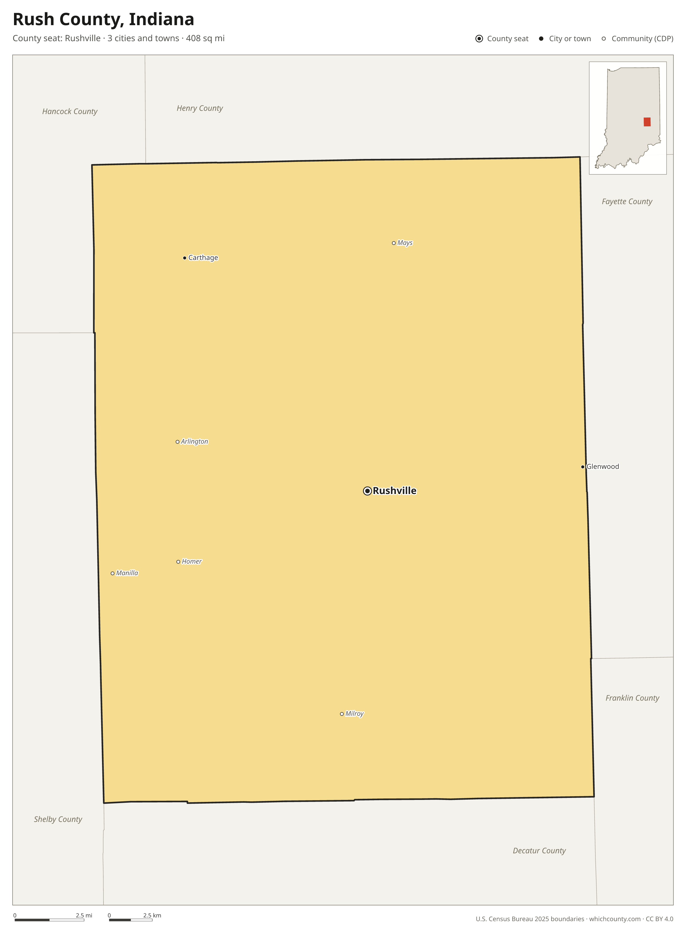 Map of Rush County, Indiana with cities, towns and the county boundary