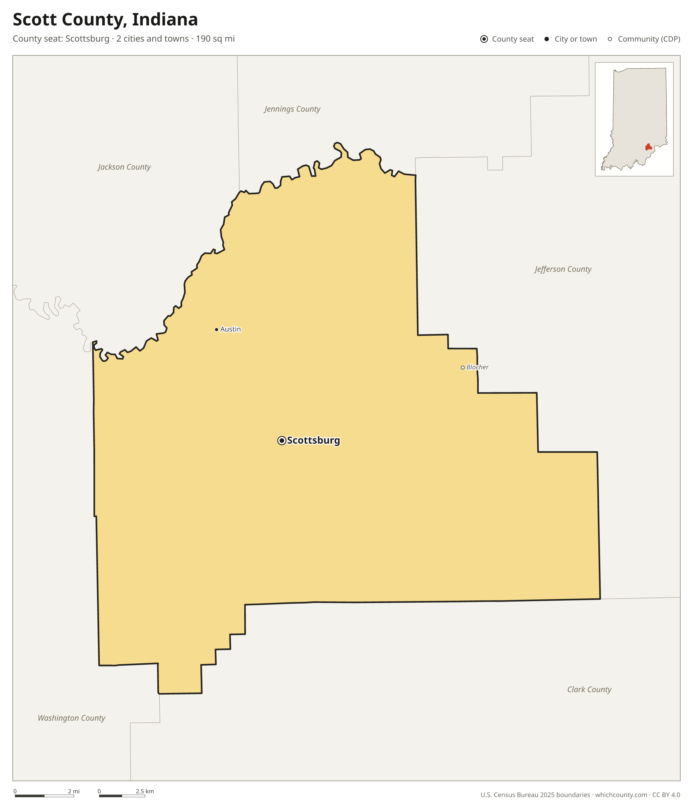 Map of Scott County, Indiana with cities, towns and the county boundary