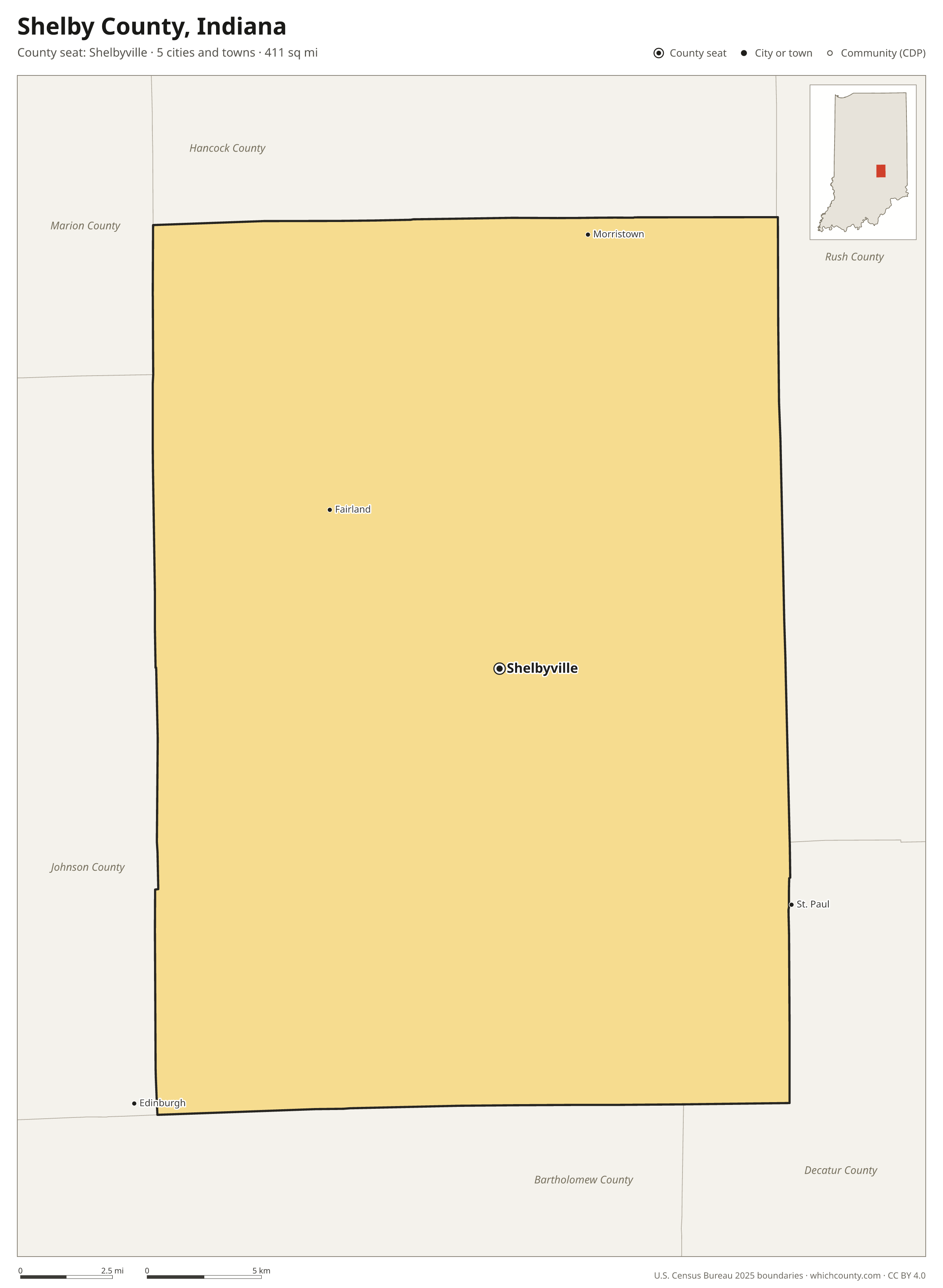 Map of Shelby County, Indiana with cities, towns and the county boundary