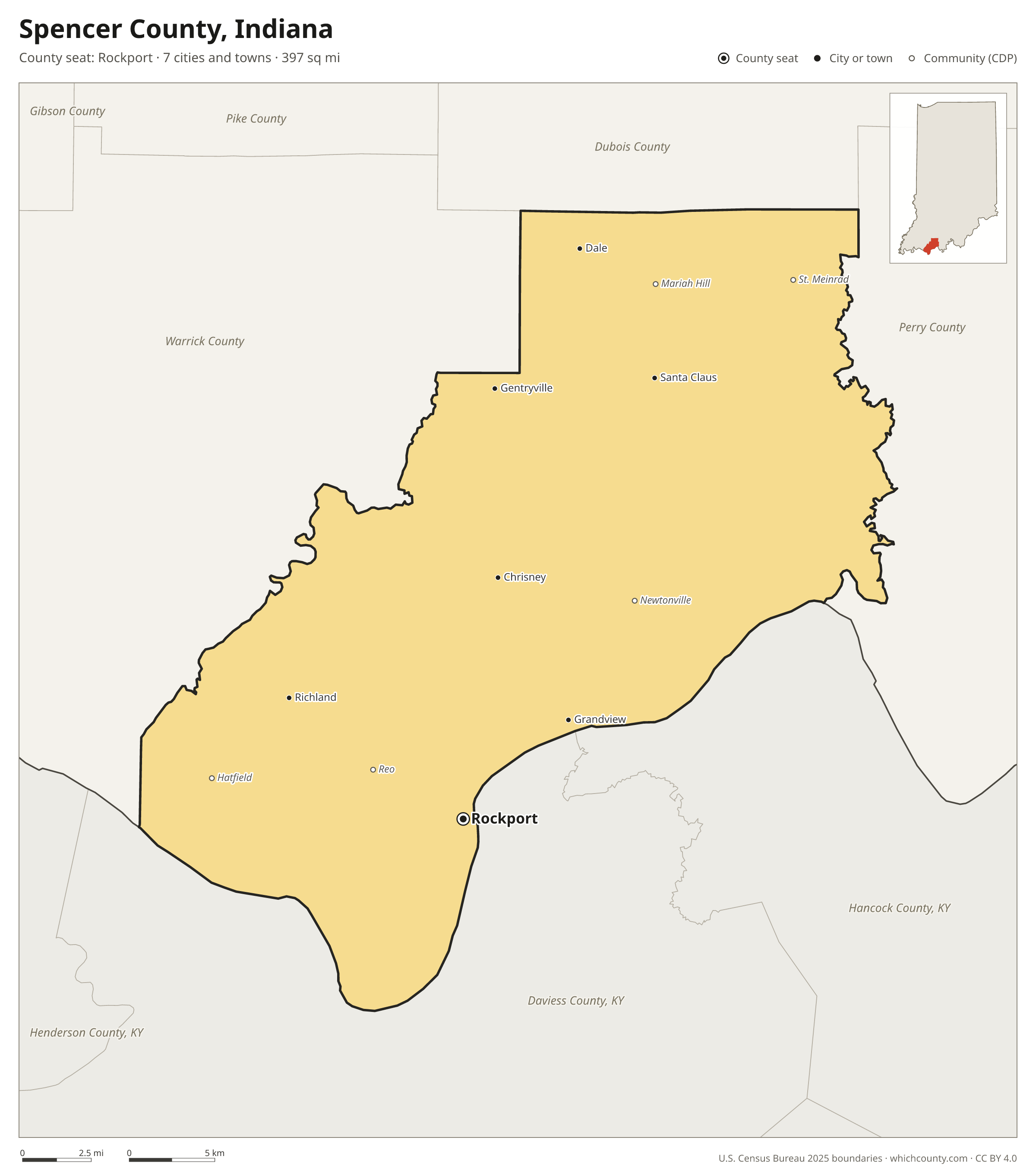 Map of Spencer County, Indiana with cities, towns and the county boundary