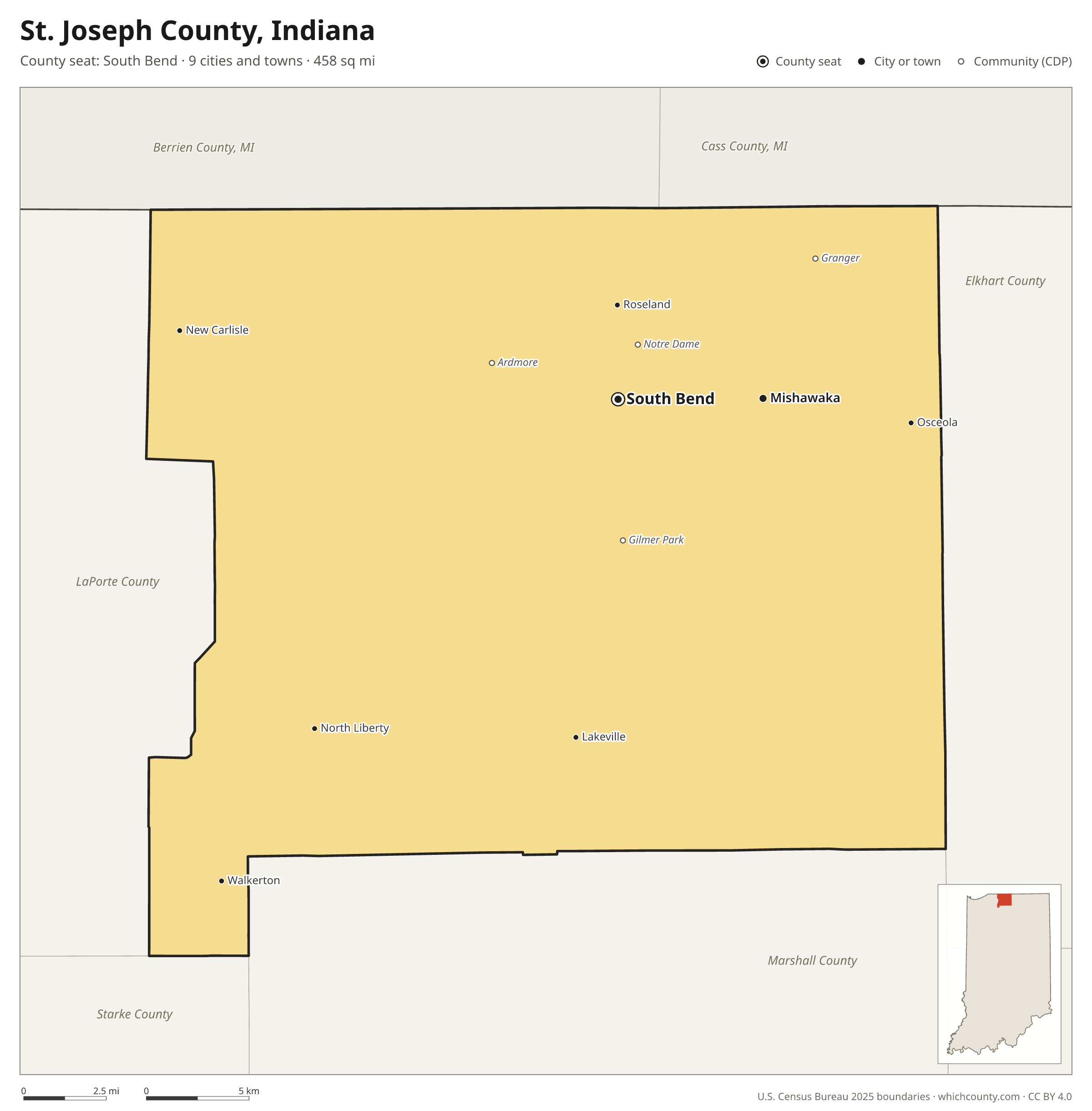 Map of St. Joseph County, Indiana with cities, towns and the county boundary