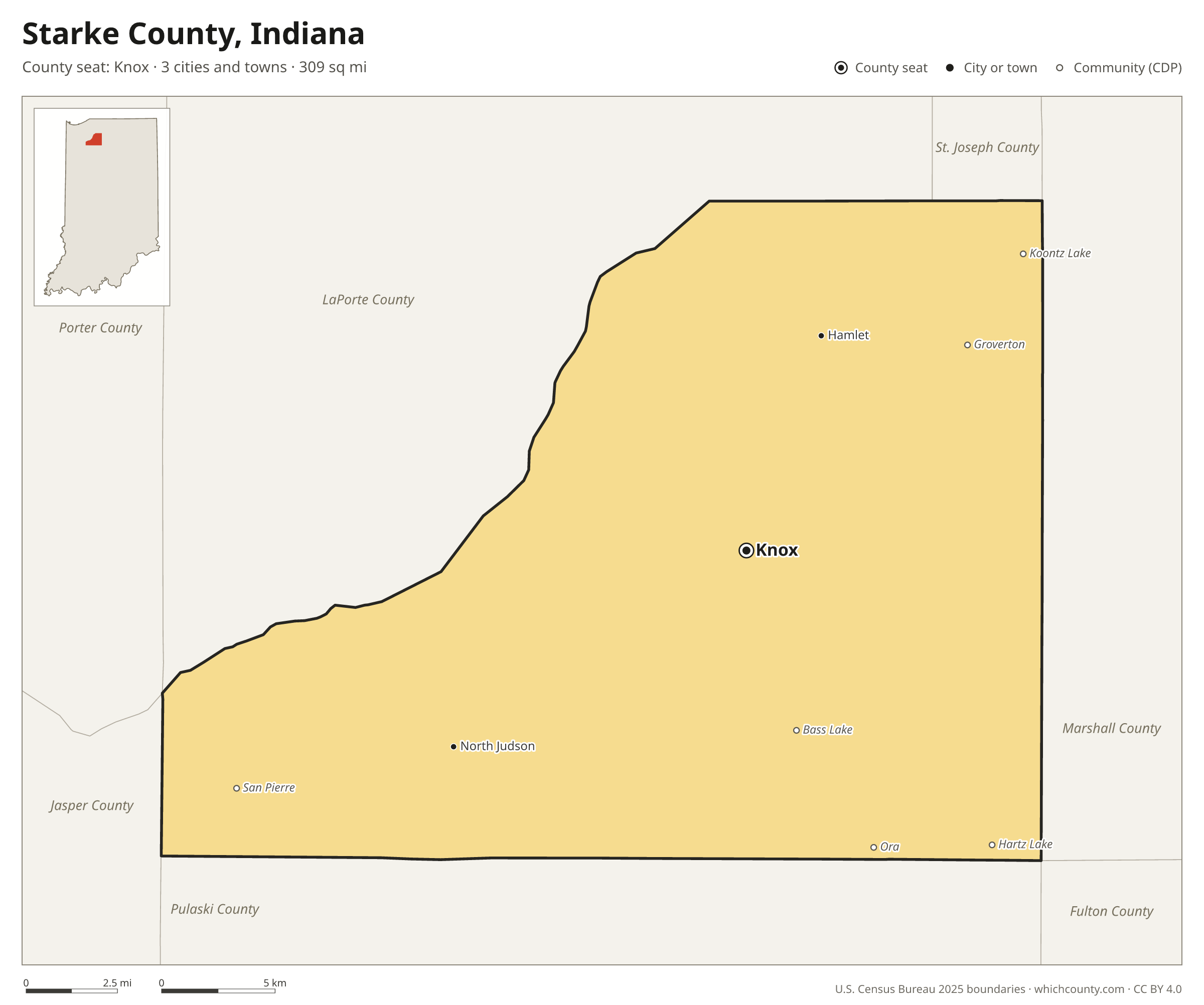 Map of Starke County, Indiana with cities, towns and the county boundary