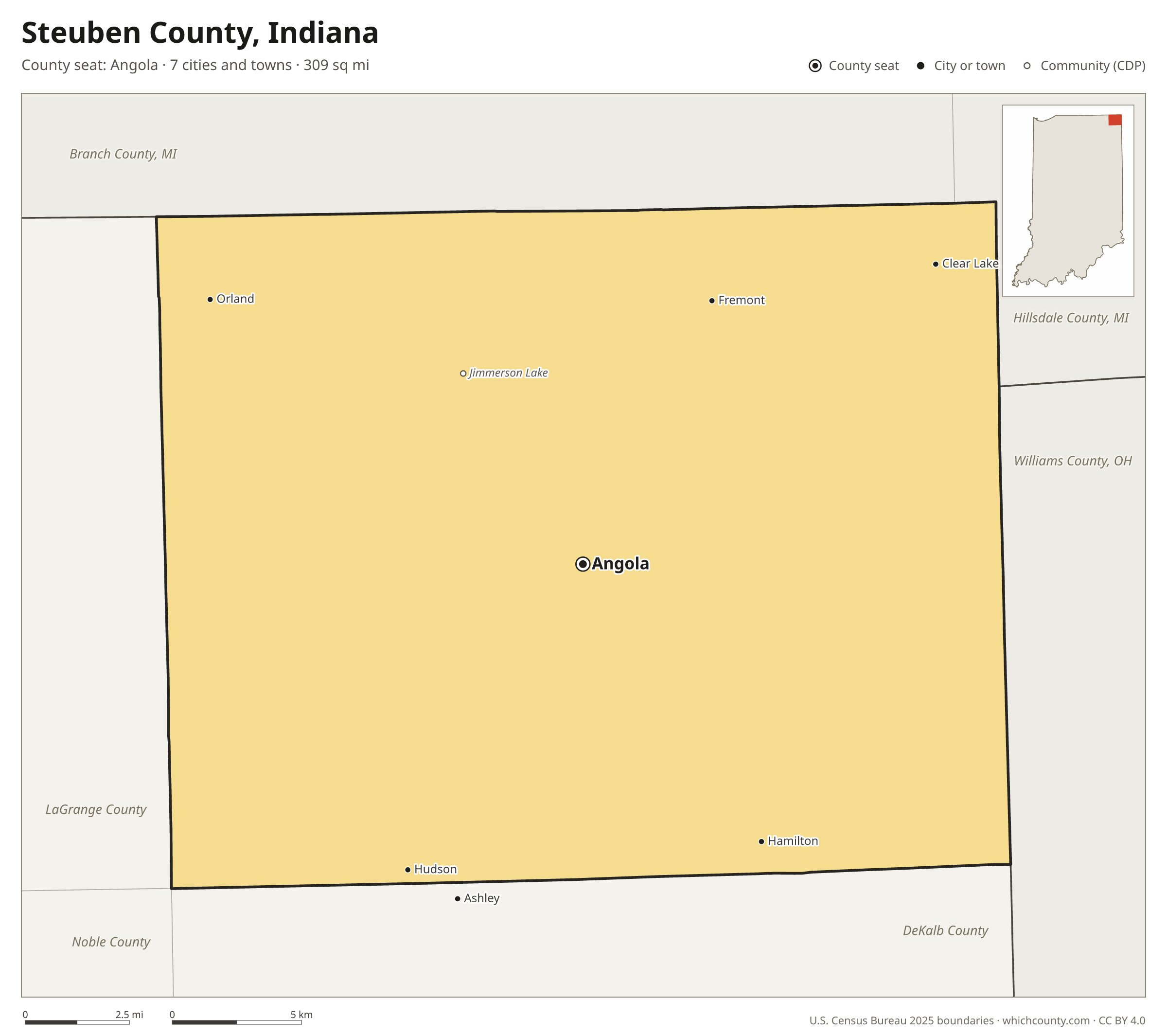 Map of Steuben County, Indiana with cities, towns and the county boundary