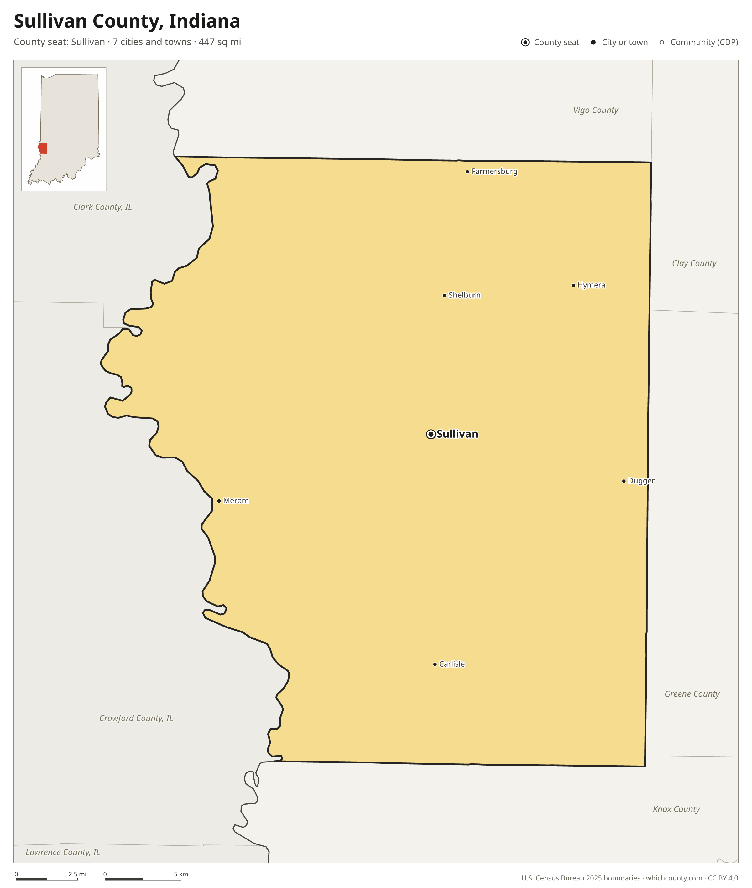 Map of Sullivan County, Indiana with cities, towns and the county boundary