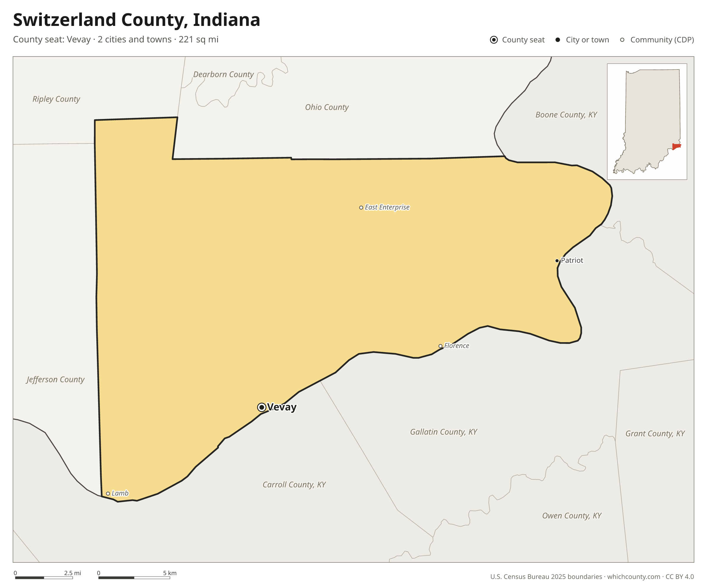 Map of Switzerland County, Indiana with cities, towns and the county boundary