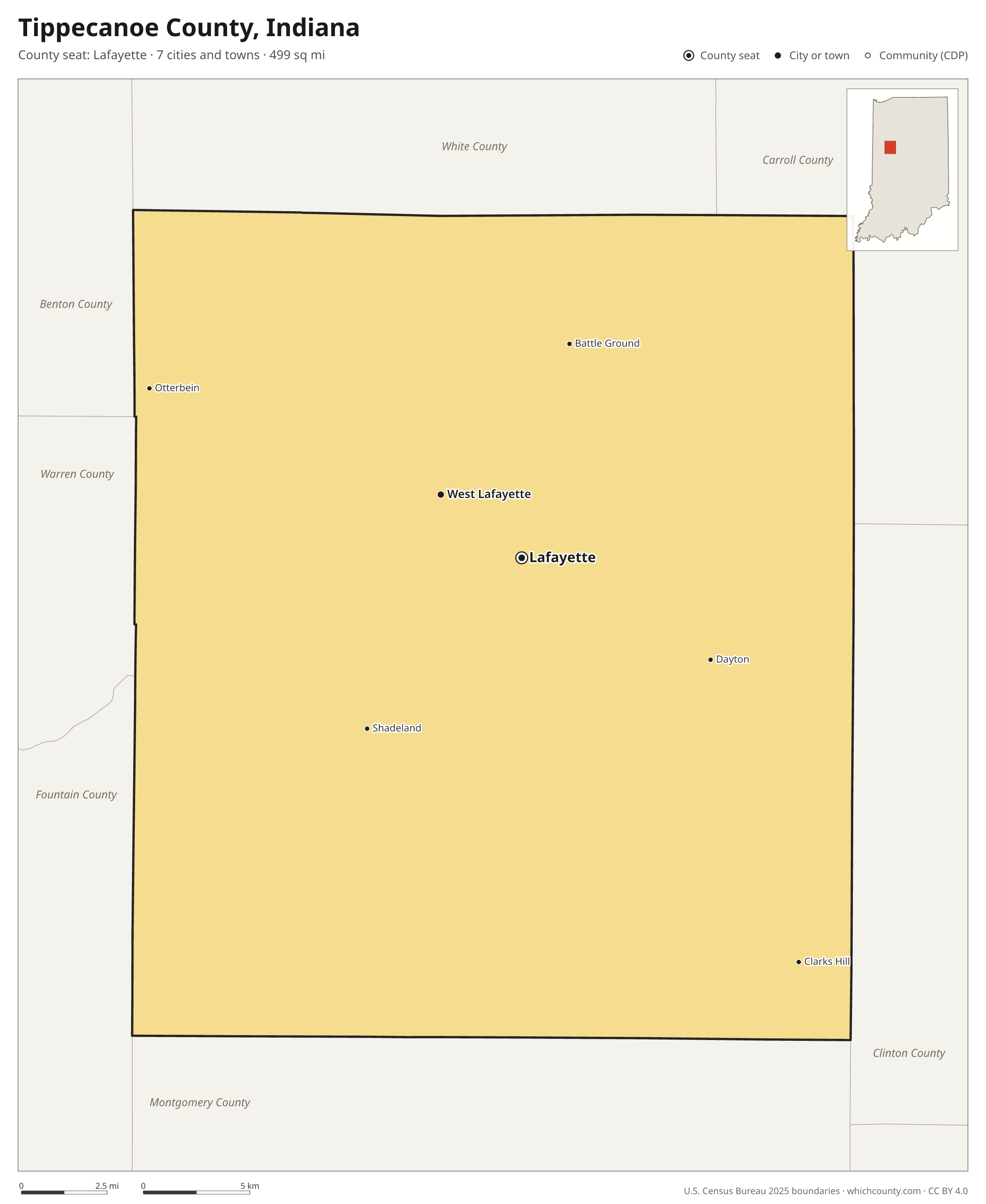 Map of Tippecanoe County, Indiana with cities, towns and the county boundary