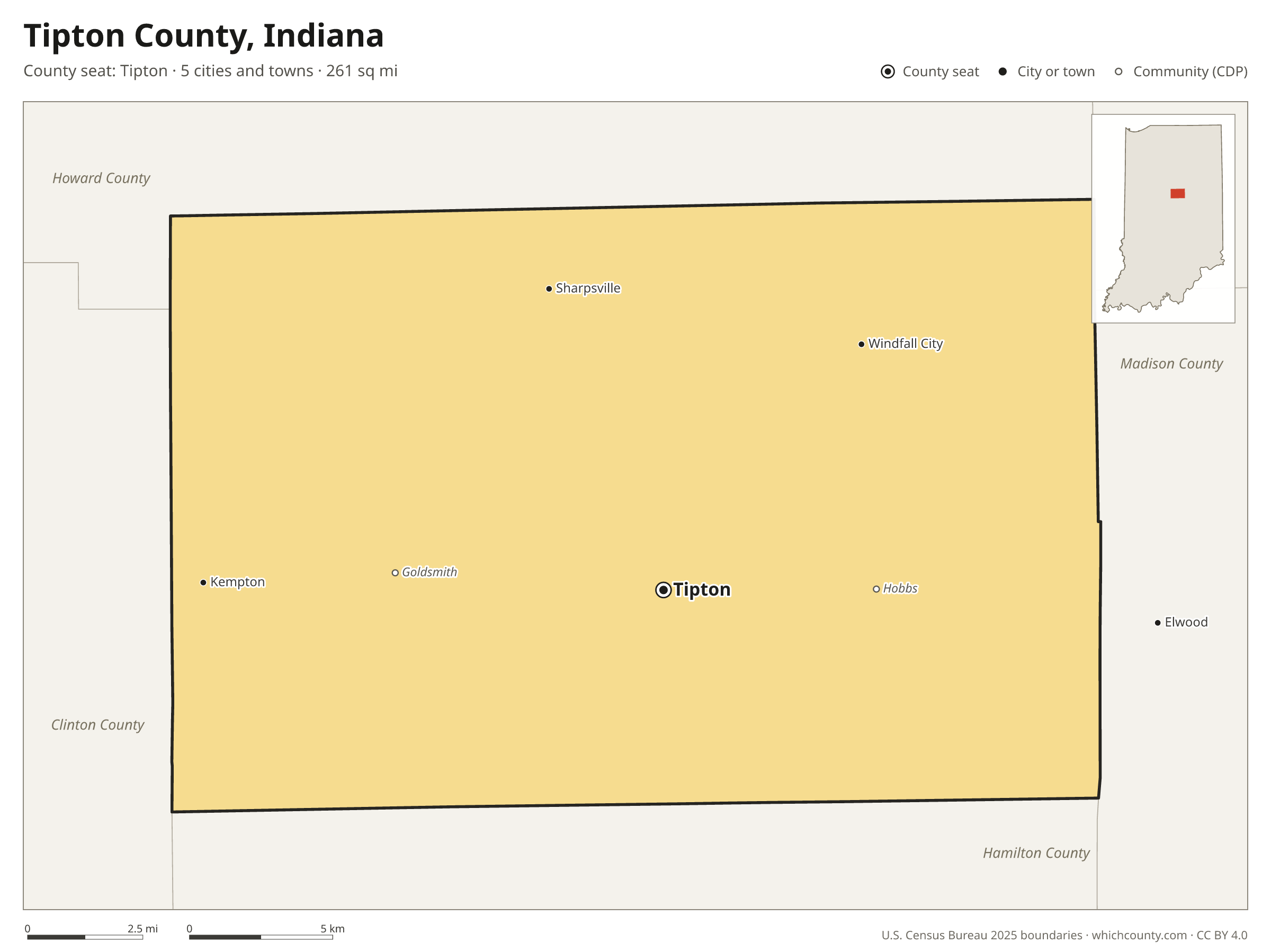 Map of Tipton County, Indiana with cities, towns and the county boundary