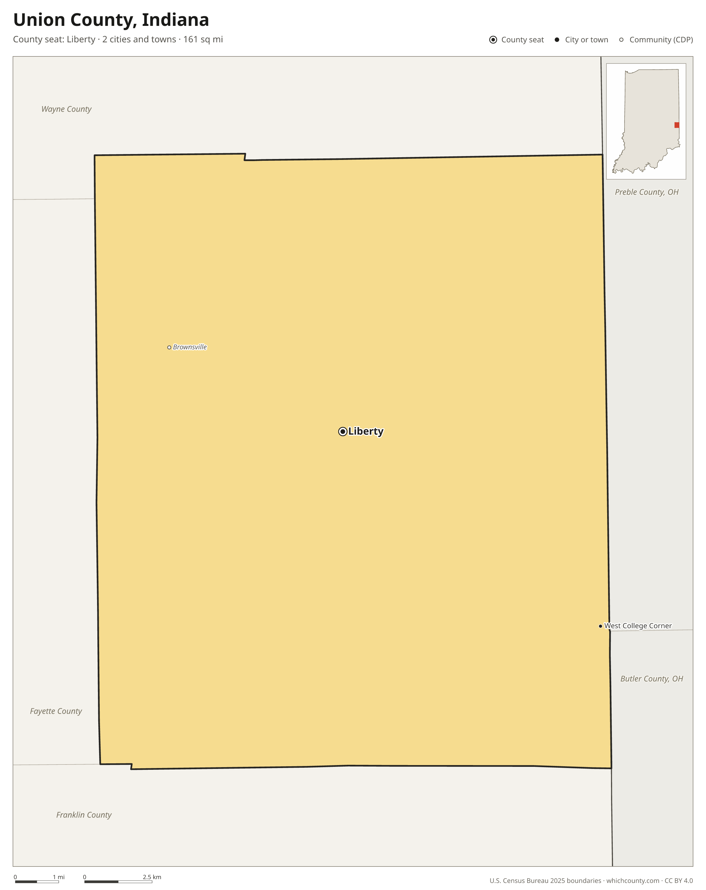 Map of Union County, Indiana with cities, towns and the county boundary