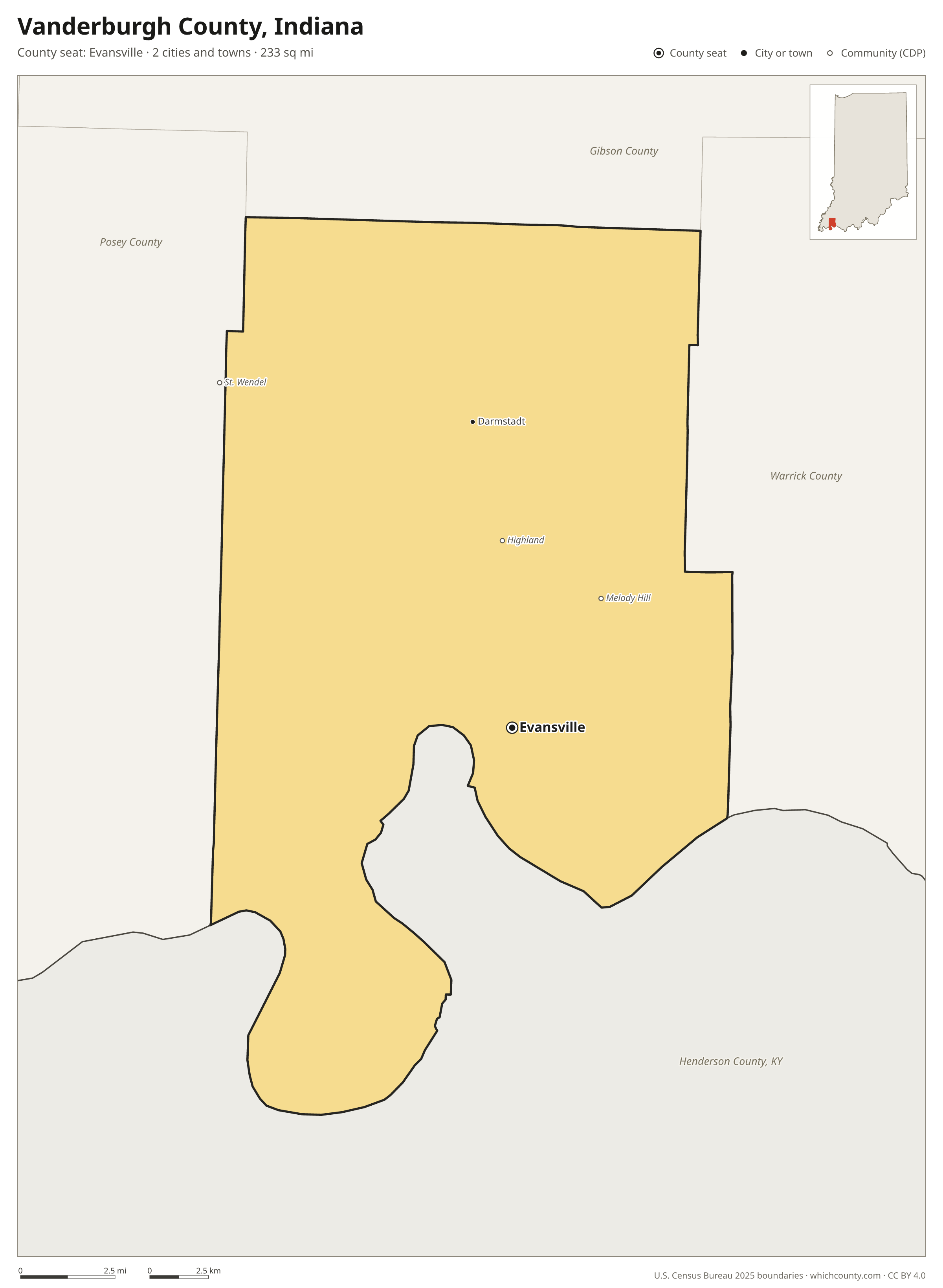 Map of Vanderburgh County, Indiana with cities, towns and the county boundary