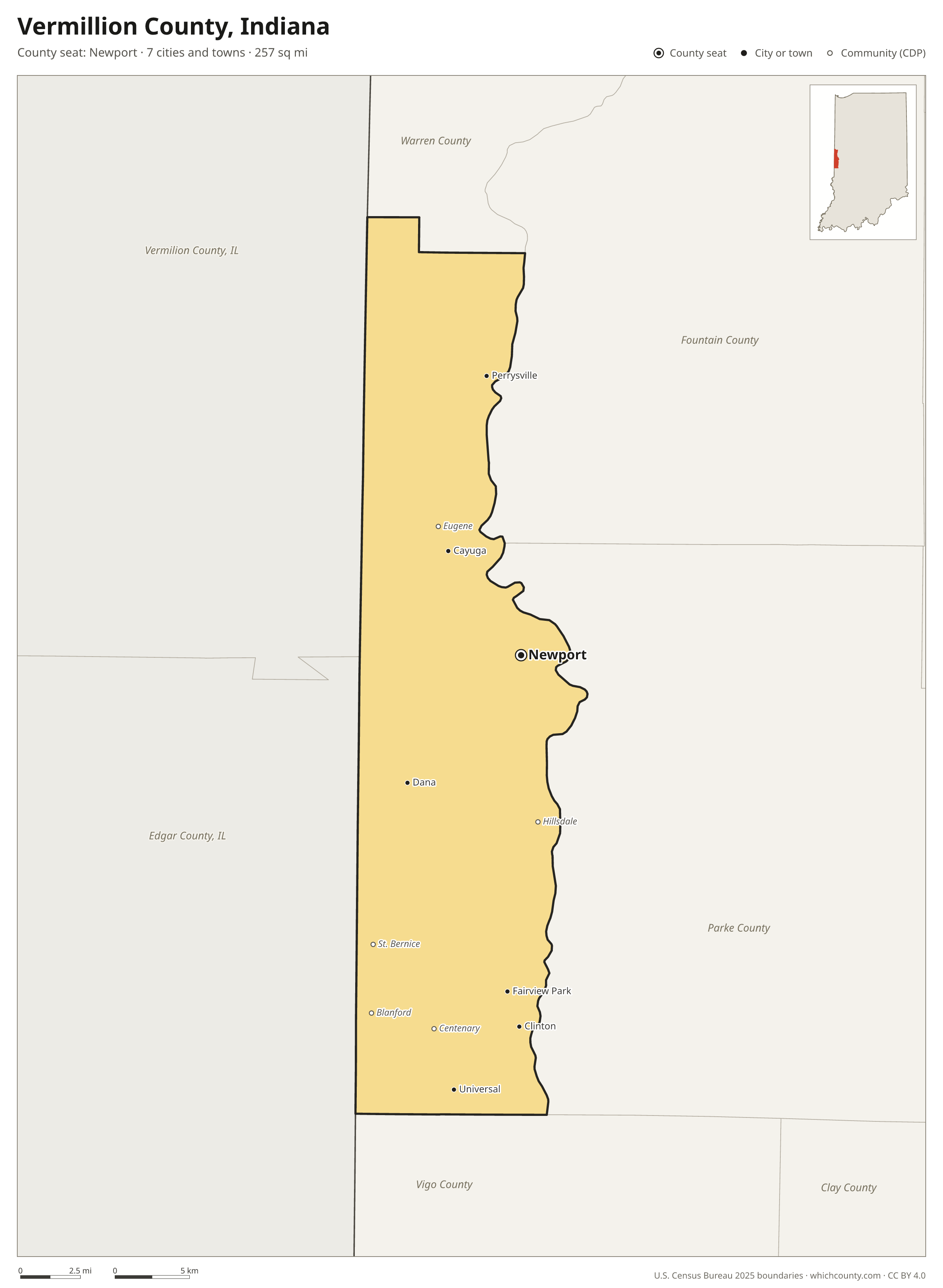 Map of Vermillion County, Indiana with cities, towns and the county boundary