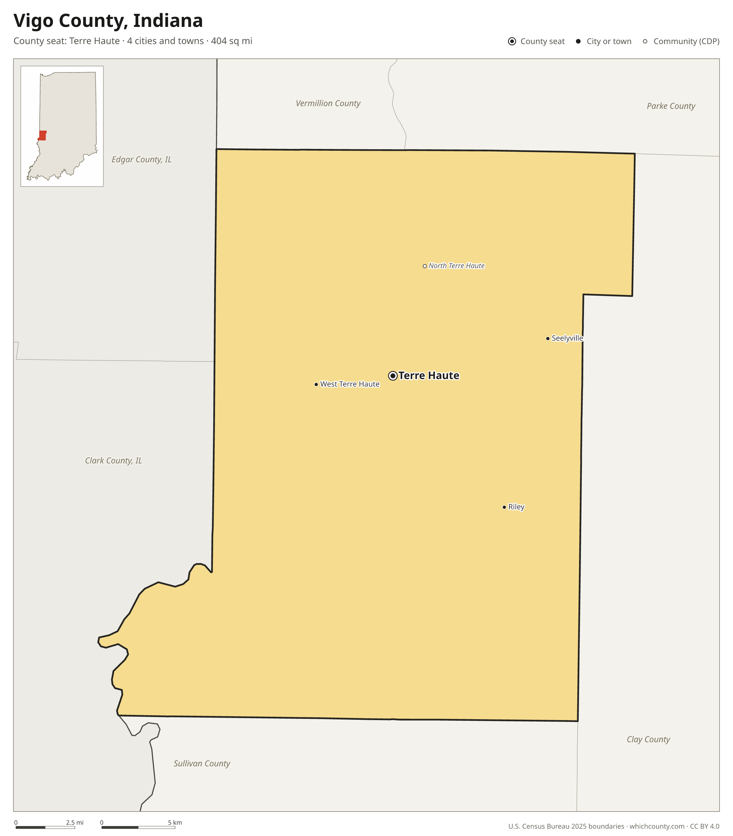 Map of Vigo County, Indiana with cities, towns and the county boundary