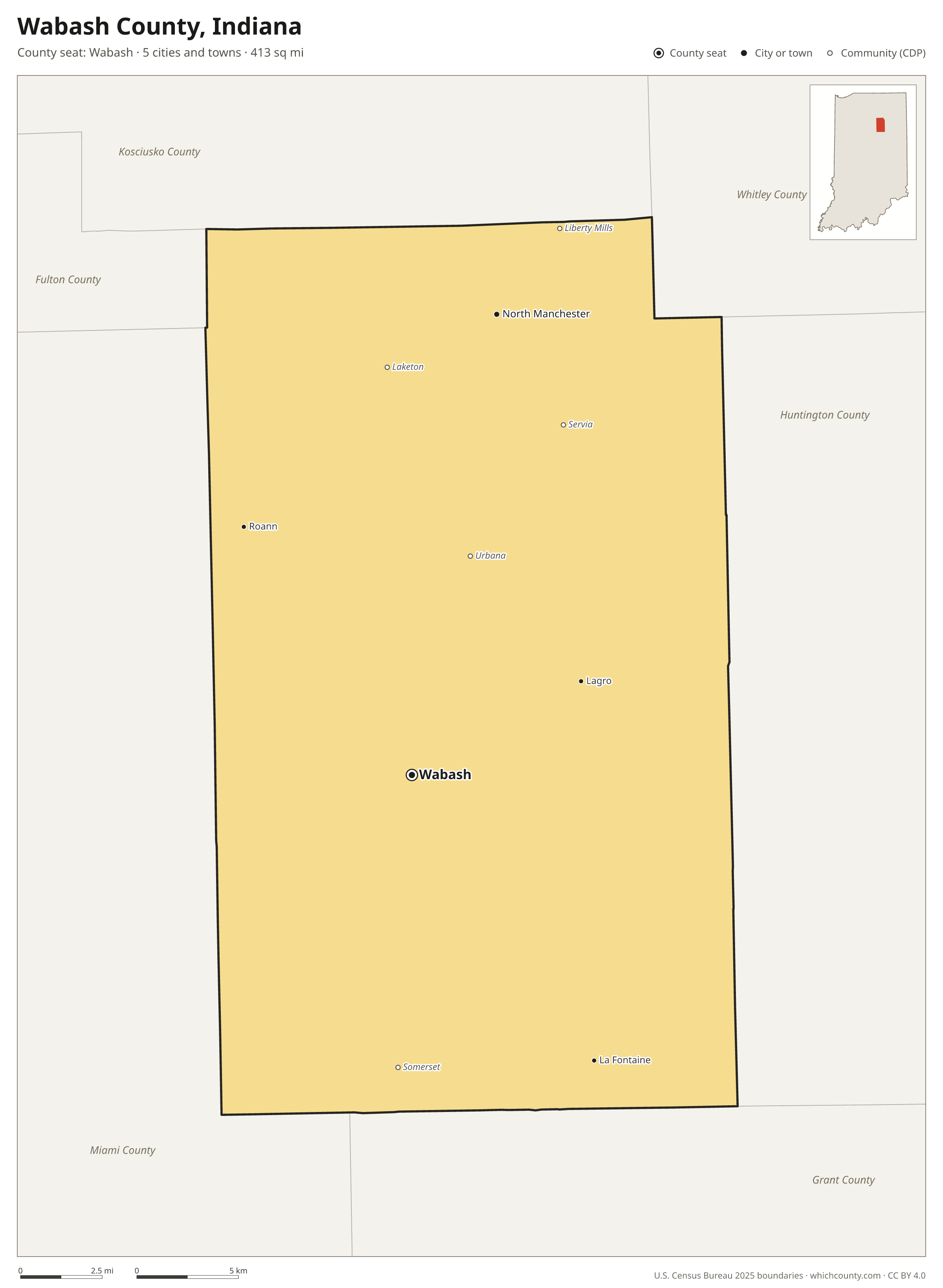 Map of Wabash County, Indiana with cities, towns and the county boundary