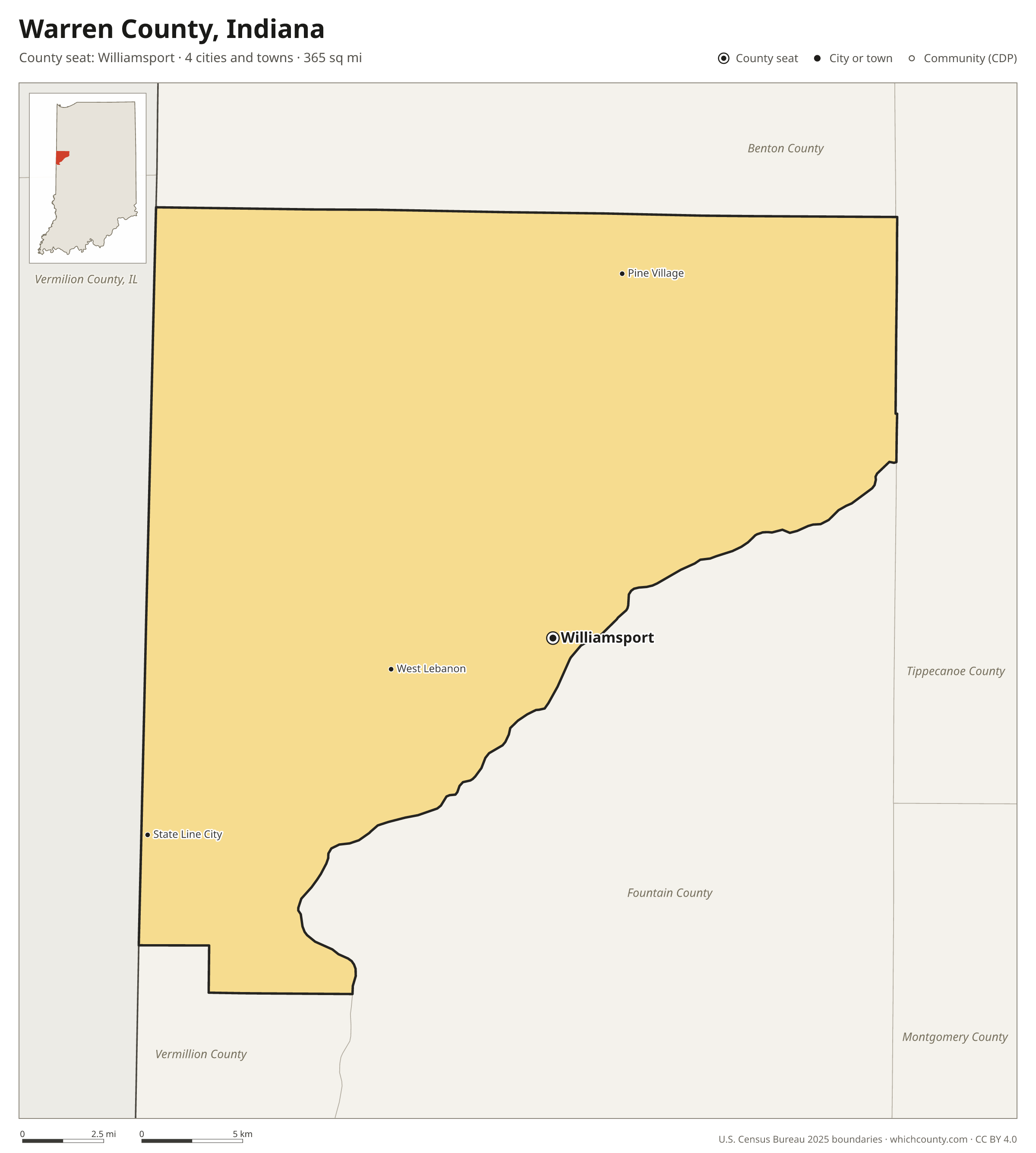 Map of Warren County, Indiana with cities, towns and the county boundary