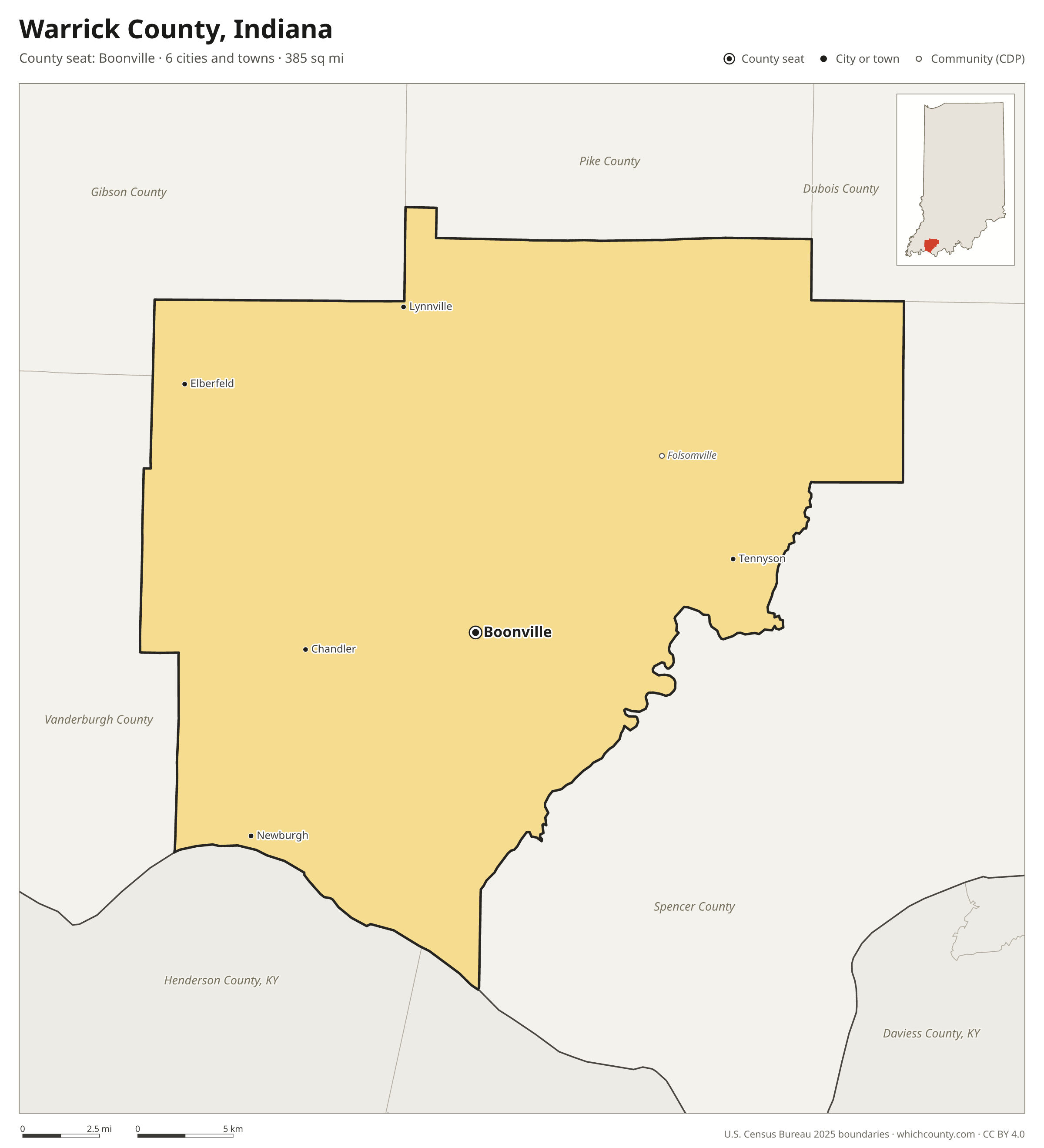 Map of Warrick County, Indiana with cities, towns and the county boundary