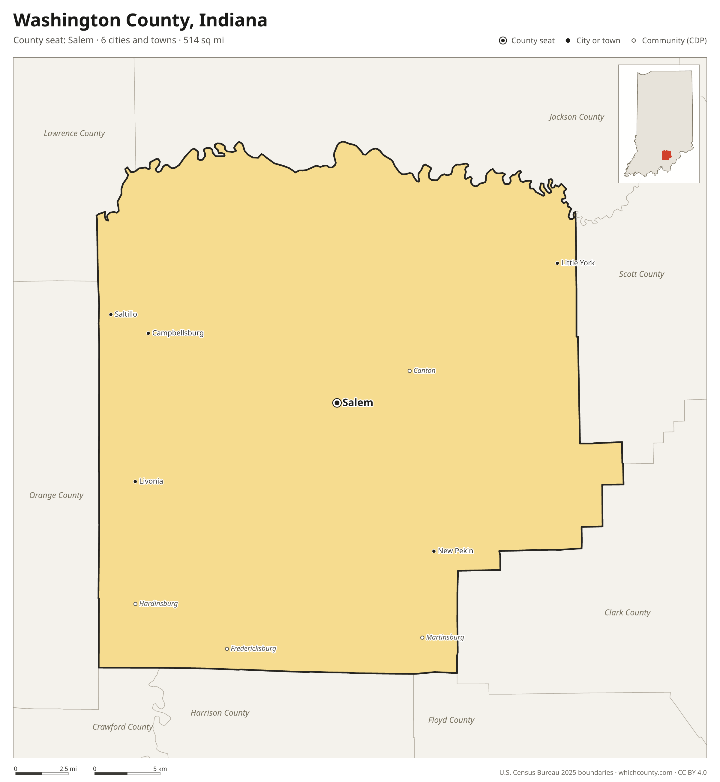 Map of Washington County, Indiana with cities, towns and the county boundary