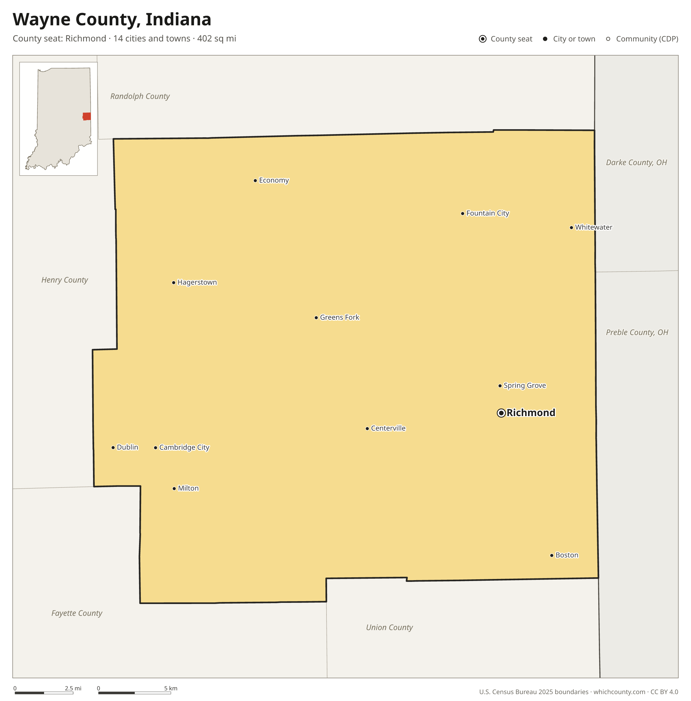 Map of Wayne County, Indiana with cities, towns and the county boundary