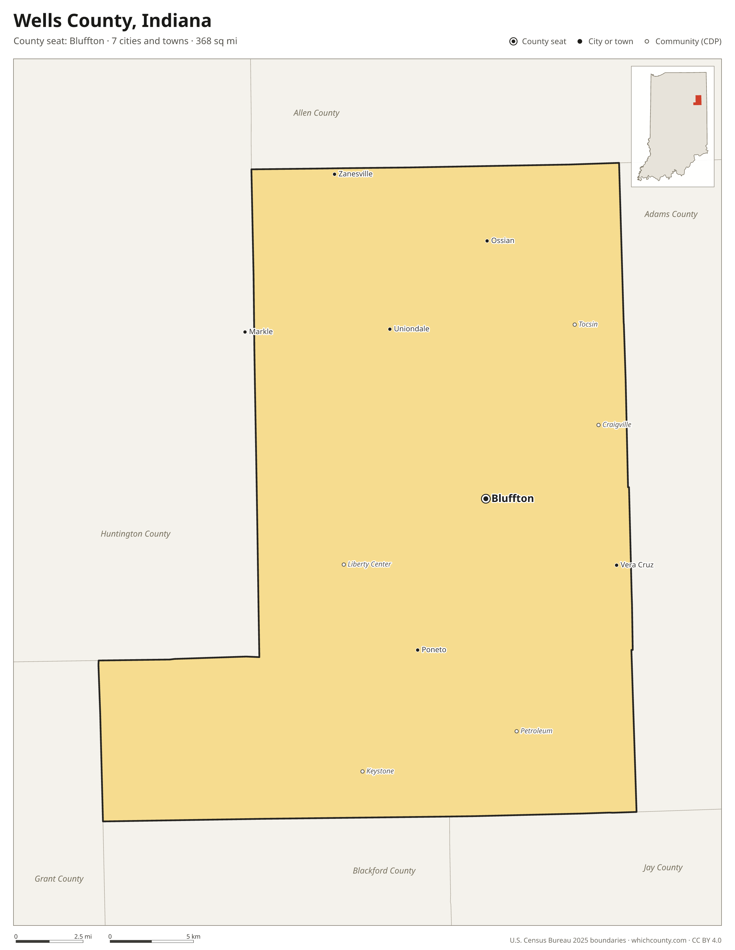 Map of Wells County, Indiana with cities, towns and the county boundary