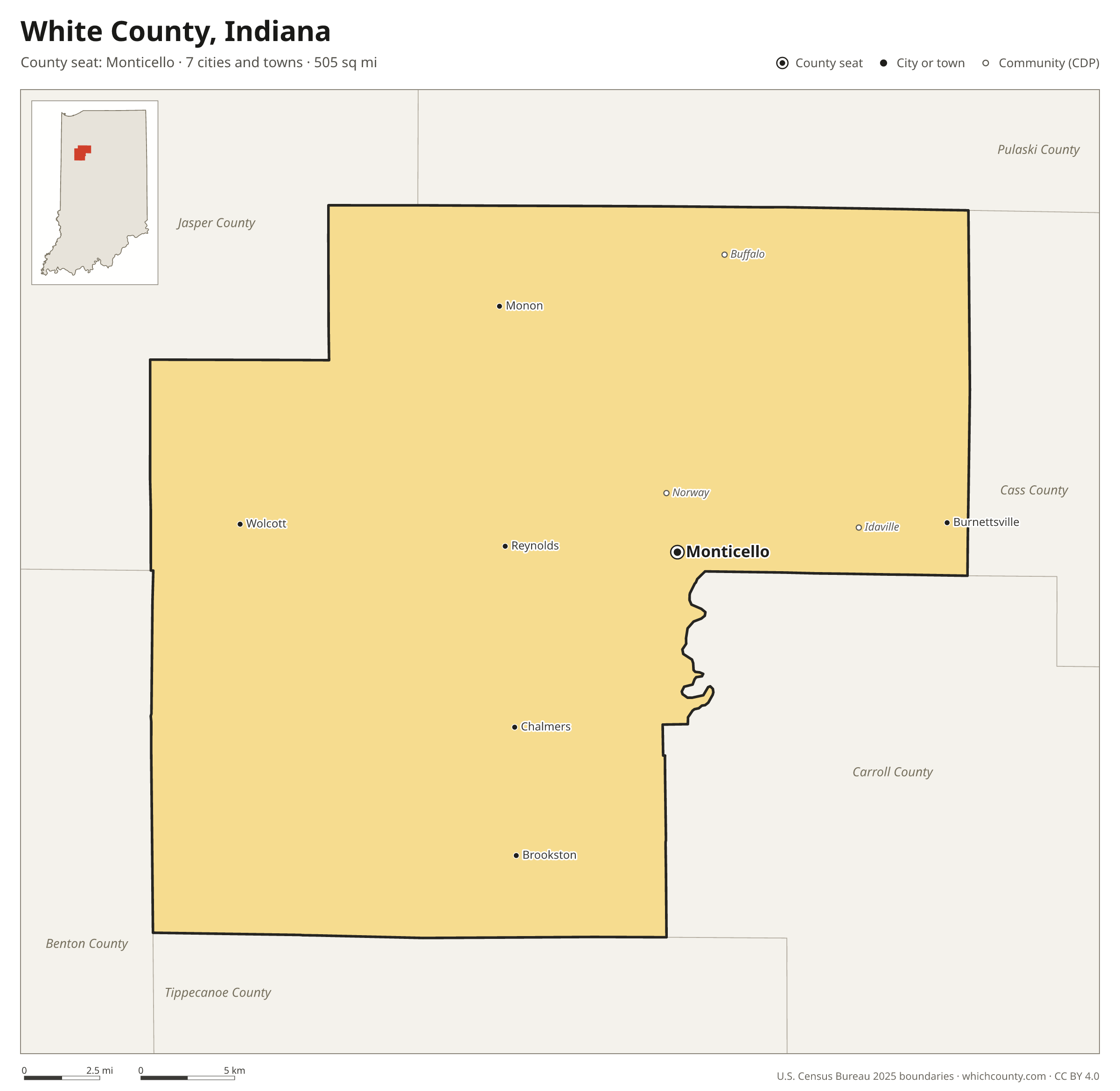 Map of White County, Indiana with cities, towns and the county boundary