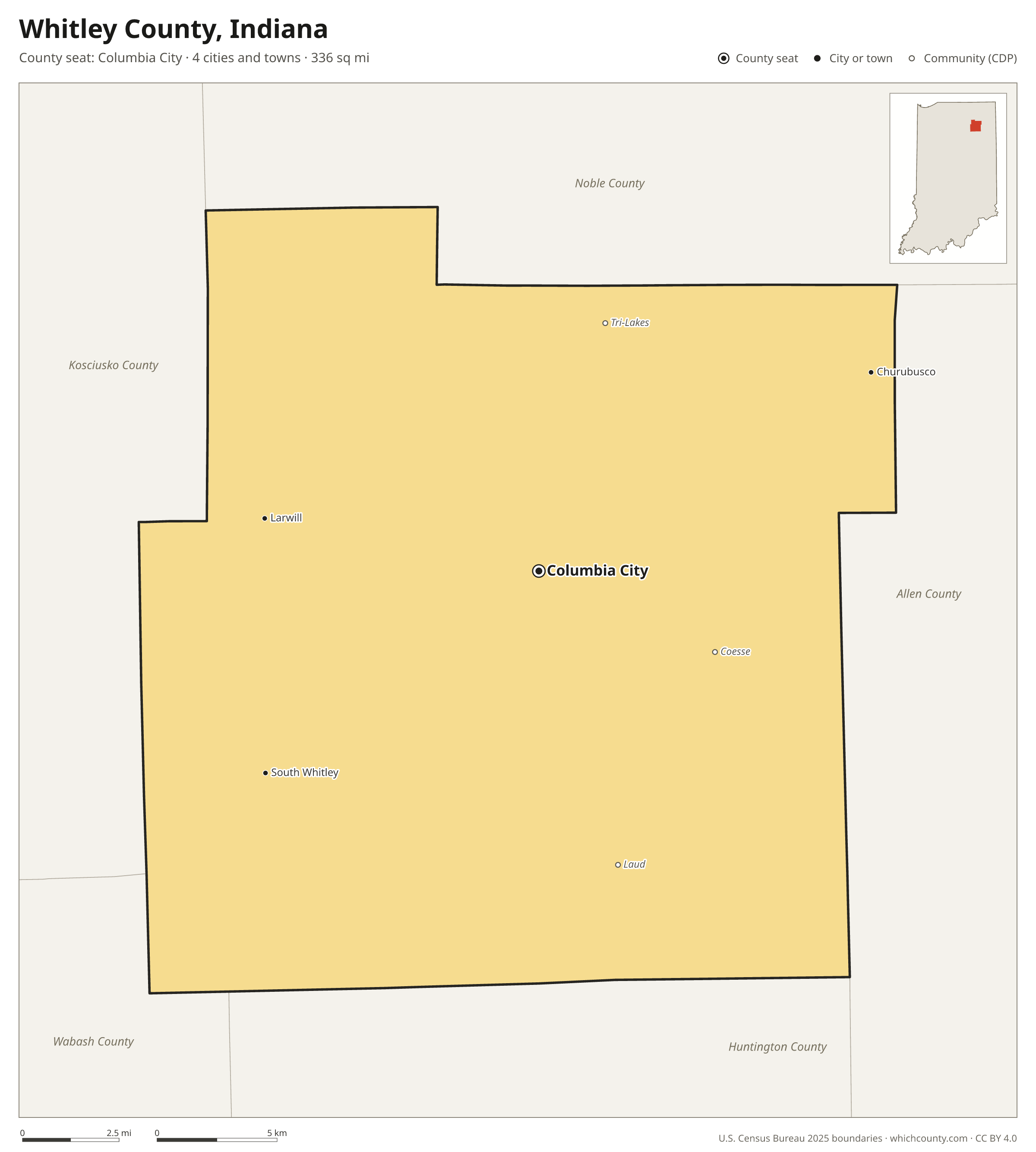 Map of Whitley County, Indiana with cities, towns and the county boundary