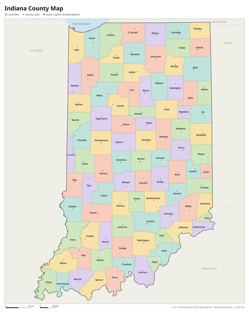 Indiana county map with all 92 counties labeled