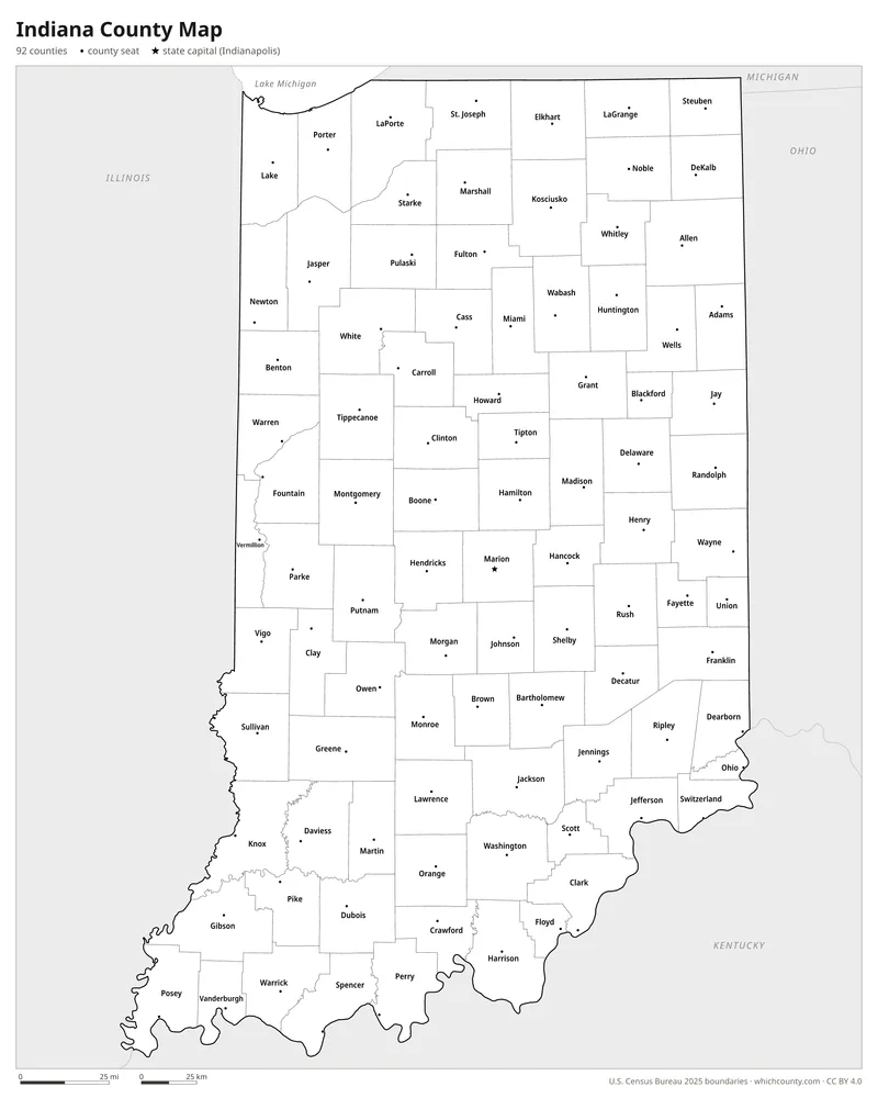 Black and white Indiana county map