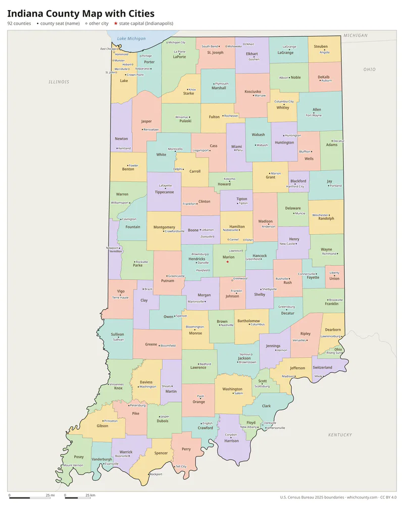 Indiana county map with cities and county seats