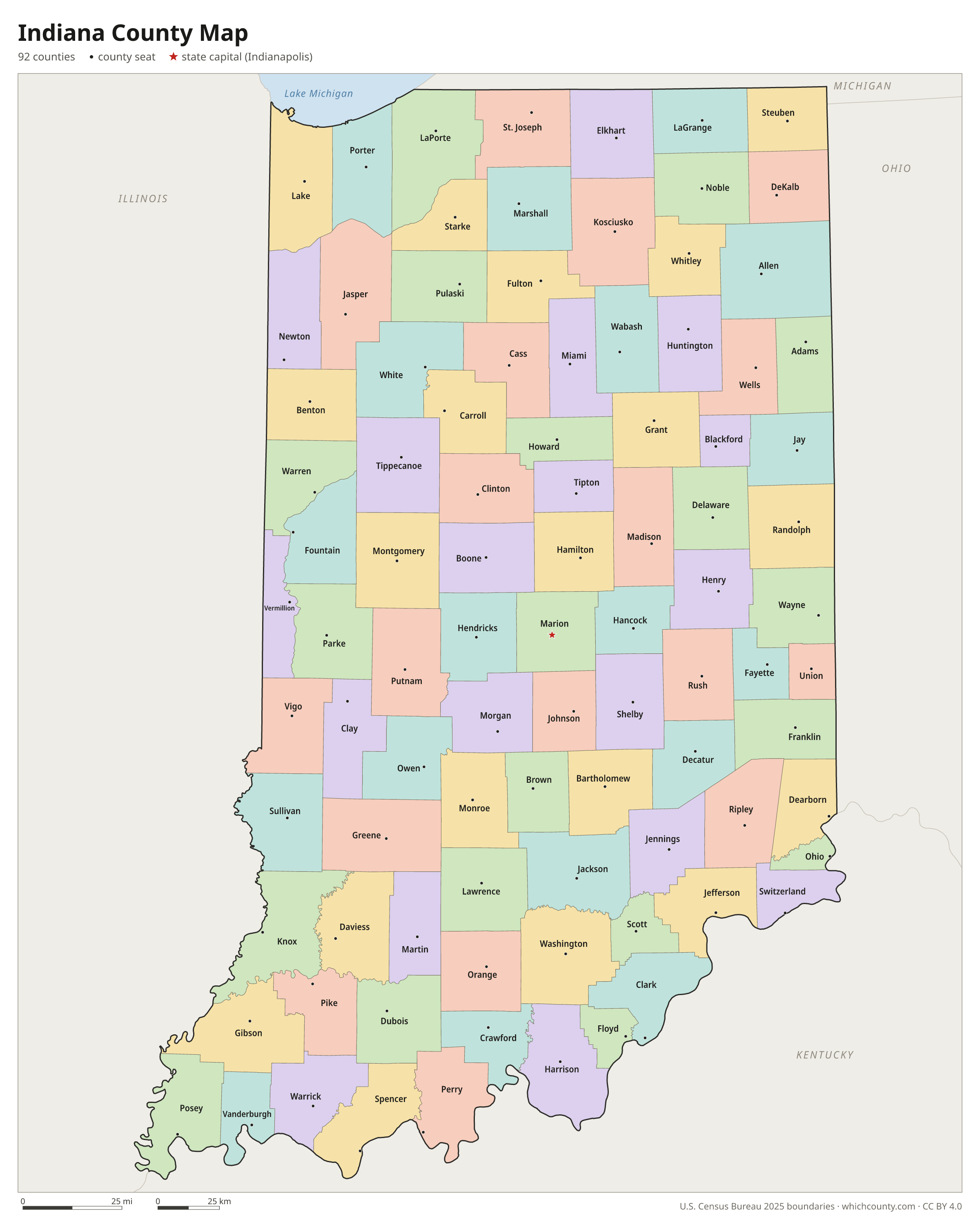 Indiana county map showing all 92 counties with county names and county seats
