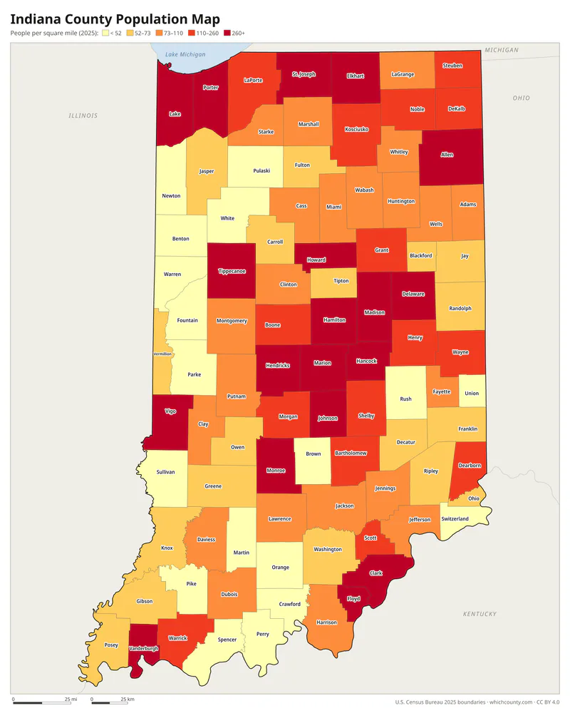 Map of Indiana counties shaded by population density