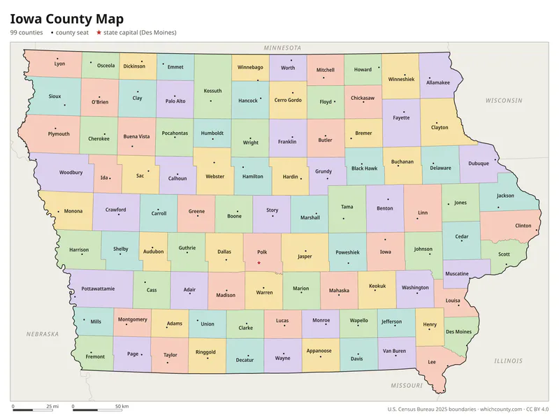 Iowa county map with all 99 counties labeled