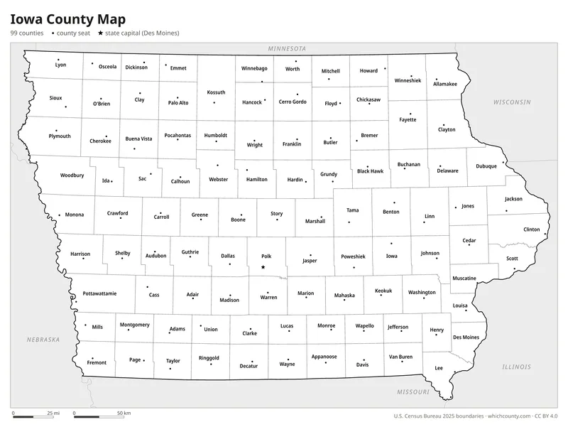 Black and white Iowa county map