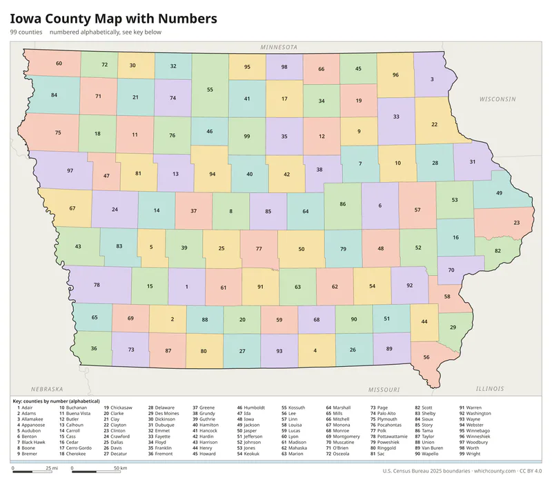 Iowa county map with numbers