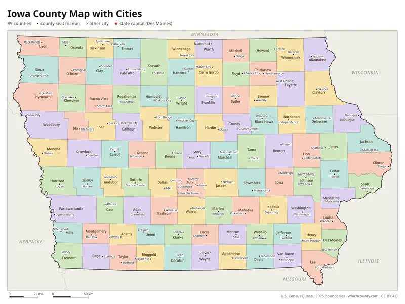 Iowa county map with cities and county seats