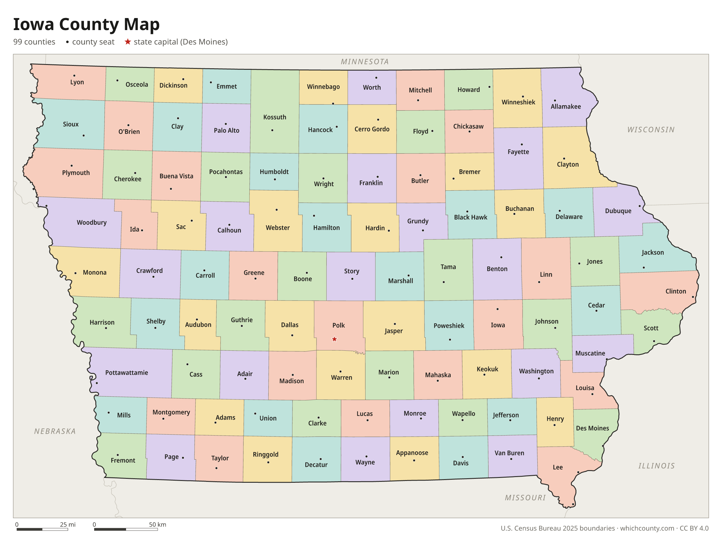 Iowa county map showing all 99 counties with county names and county seats