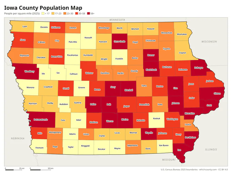 Map of Iowa counties shaded by population density