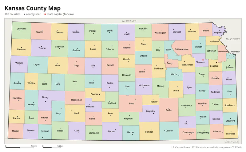 Kansas county map with all 105 counties labeled