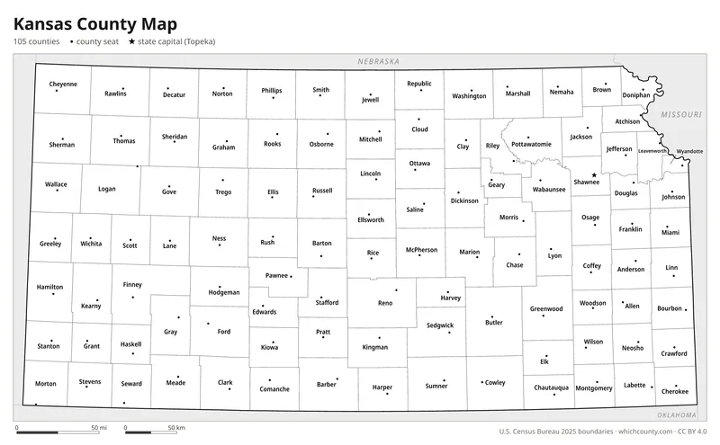 Black and white Kansas county map