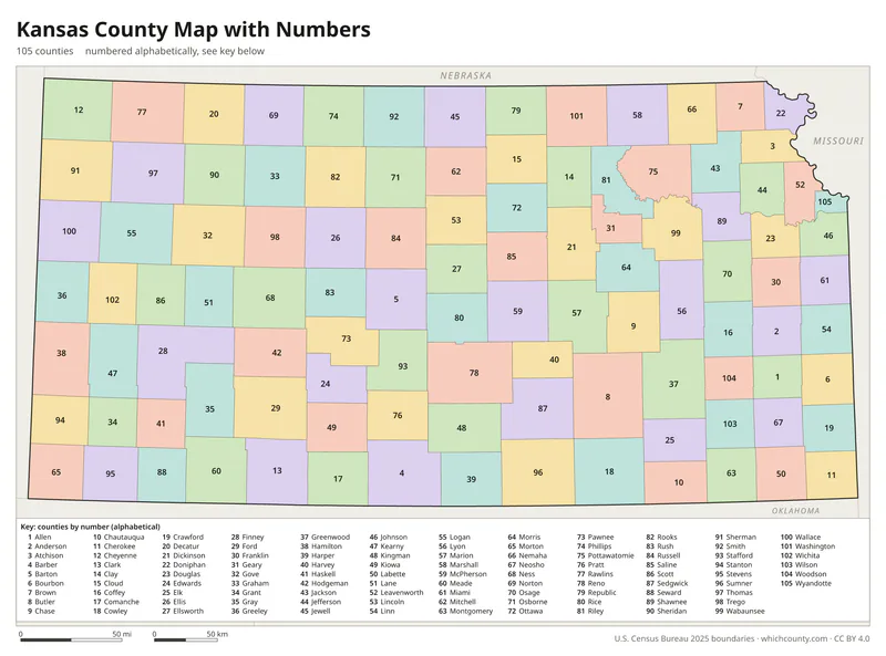Kansas county map with numbers