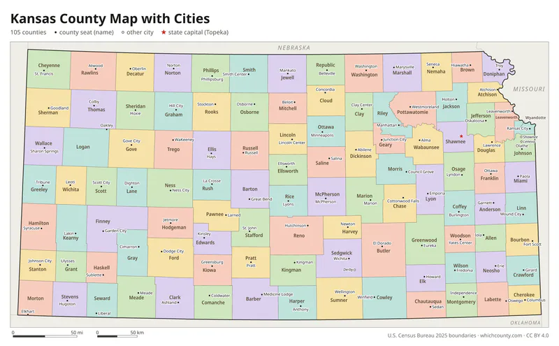 Kansas county map with cities and county seats