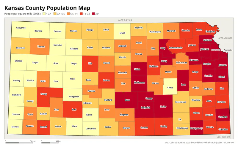 Map of Kansas counties shaded by population density