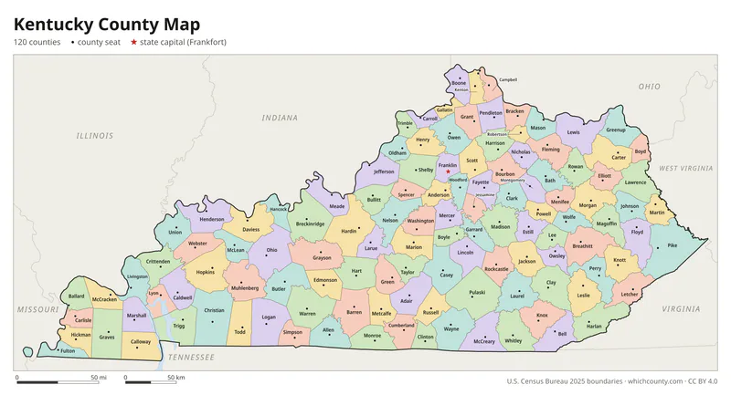 Kentucky county map with all 120 counties labeled