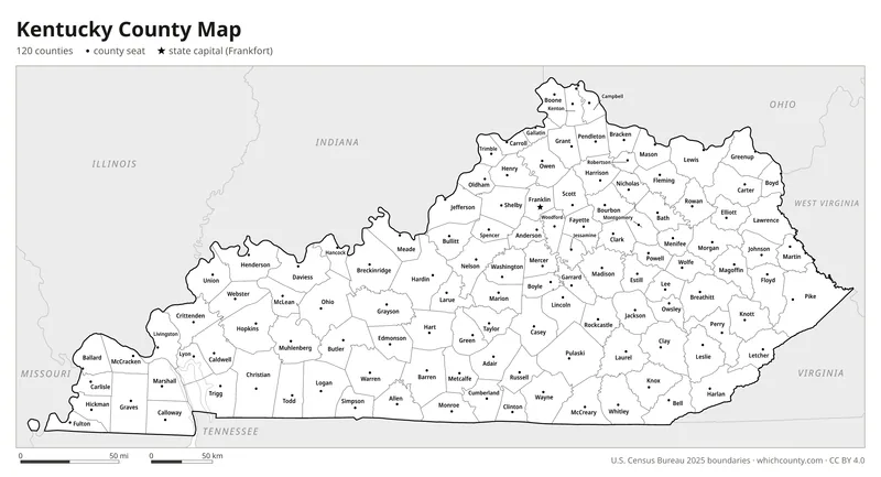 Black and white Kentucky county map
