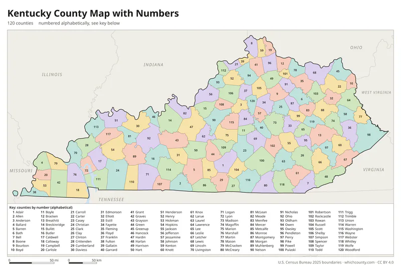Kentucky county map with numbers