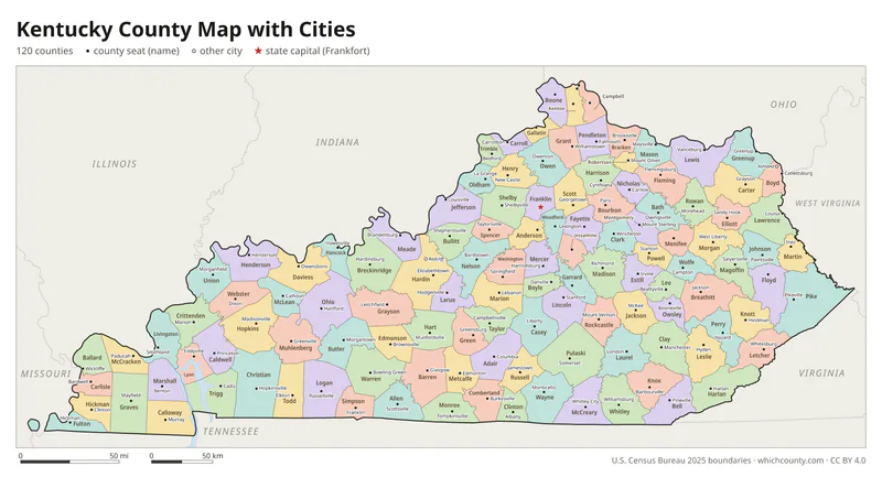Kentucky county map with cities and county seats