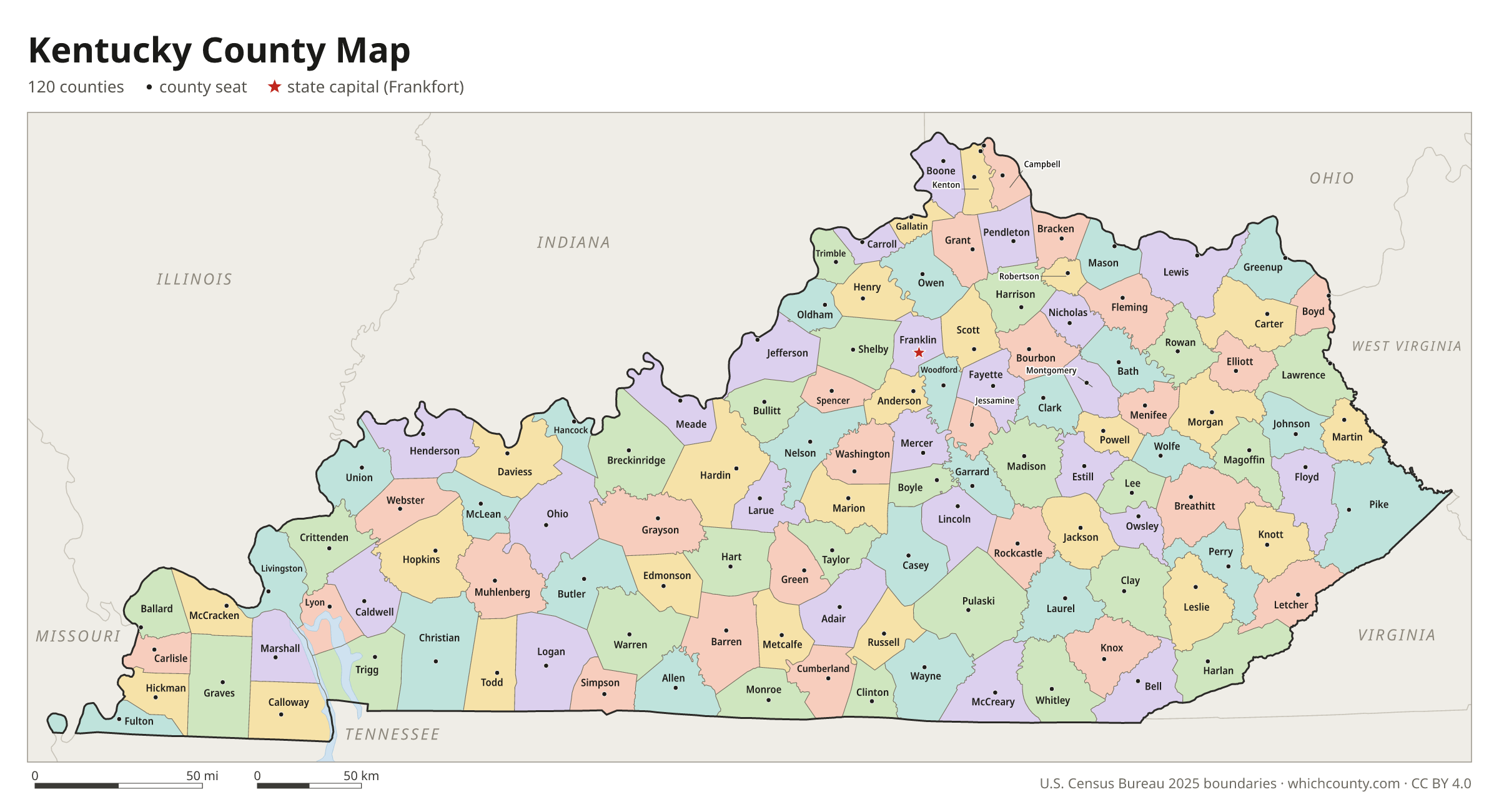 Kentucky county map showing all 120 counties with county names and county seats
