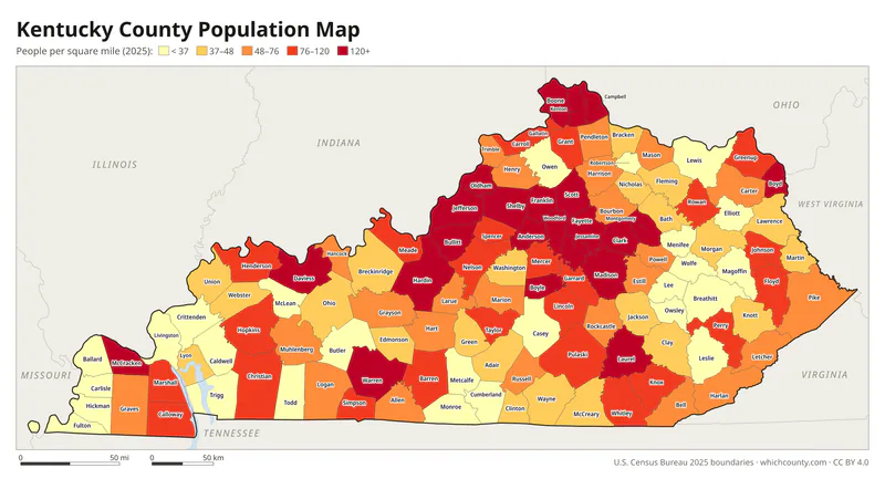 Map of Kentucky counties shaded by population density