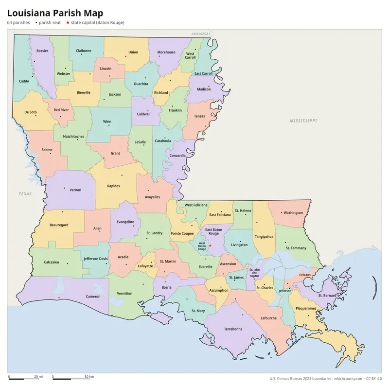 Louisiana parish map with all 64 parishes labeled