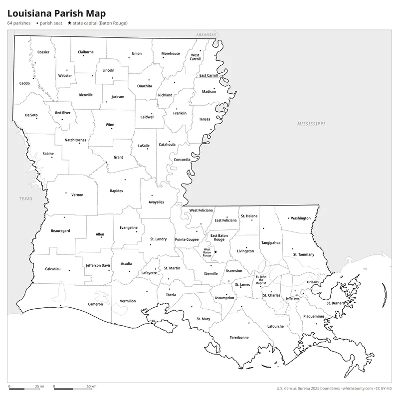 Black and white Louisiana parish map